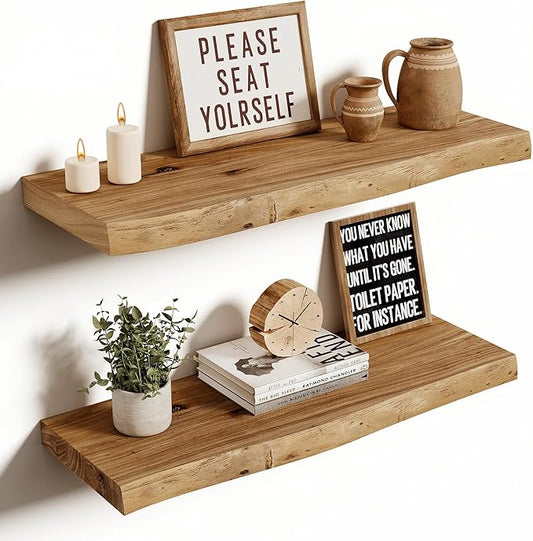 Vivelove Live Edge Floating Shelves for Wall Solid Elm Wood, Rustic Farmhouse Wall Shelf with Invisible Bracket for Living Room Bedroom Bathroom Office Book, 24 Inches - Set of 2 - Natural