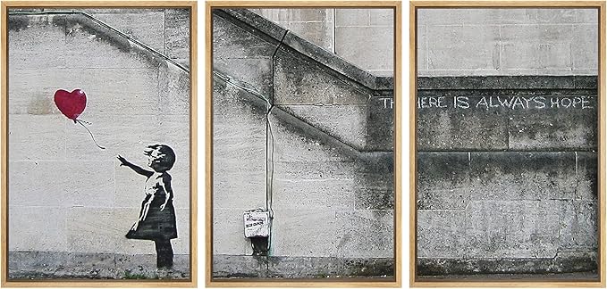 wall26 - 3 Piece Framed Canvas Wall Art - There is Always Hope - Girl and Red Heart Balloon - Street Art - Guerilla - Modern Home Art Stretched and Framed Ready to Hang - 24"x36"x3 Natural