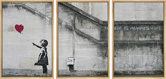 wall26 - 3 Piece Framed Canvas Wall Art - There is Always Hope - Girl and Red Heart Balloon - Street Art - Guerilla - Modern Home Art Stretched and Framed Ready to Hang - 16"x24"x3 Natural