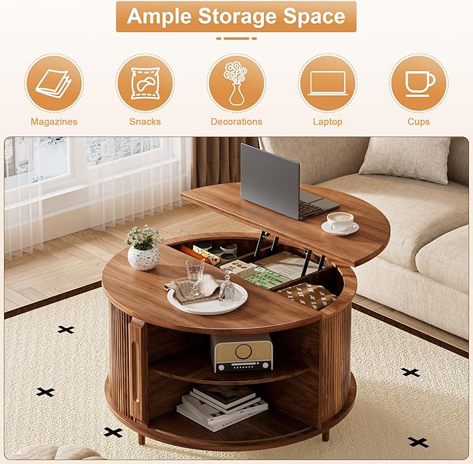 Round Lift Top Coffee Table, 31.5” Fluted Wood Lift Up Center Table with Sliding Door & Hidden Storage, Mid Century Modern Coffee Table for Living Room & Home Office (Walnut)