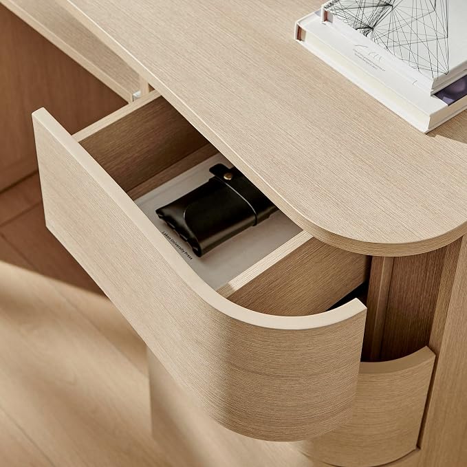 Modway Mirae 55 Inch Computer Desk with Drawers in Brushed Light Oak – Modern Compact Office Desk with Keyboard Tray, Curved Edges, and 6 Storage Drawers for Bedroom, Dorm Room, or Vanity Setup