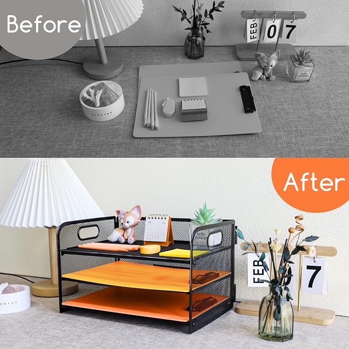 3 Tier Letter Tray Paper Organizer with Handle Desk Paper Organizer Tray, Desktop File Folder sorter Holder for Home Office School