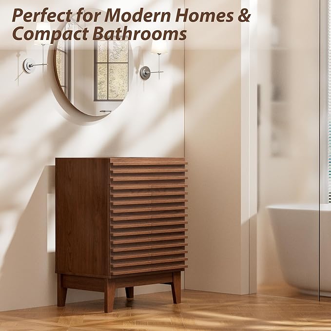APRILSOUL 24" Bathroom Vanity, Mid-Century Bathroom Vanity Cabinet with 2 Soft Closing Doors, Freestanding Bathroom Cabinet, Particleboard Frame with Wood Grain Laminate, Walnut (Sink Not Included)