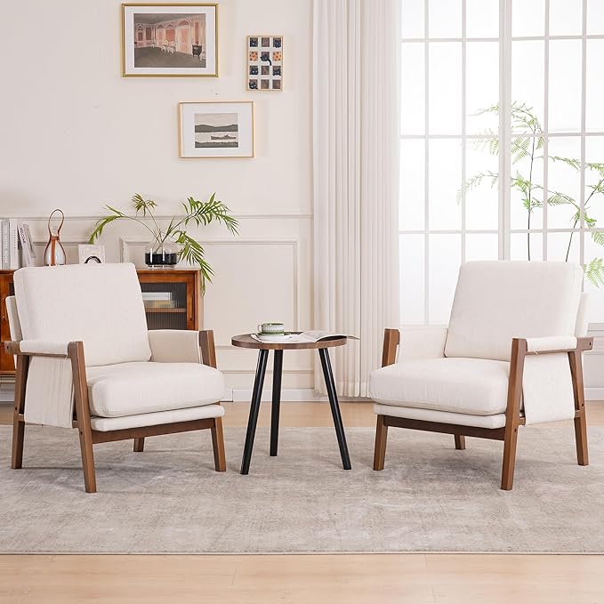 Mid Century Modern Accent Chairs Set of 2 with Solid Wood Frame, Upholstered Living Room Chairs with Wide Armrest, Chenille Fabric Comfy Arm Chair for Bedroom, Reading Room, Balcony, Beige