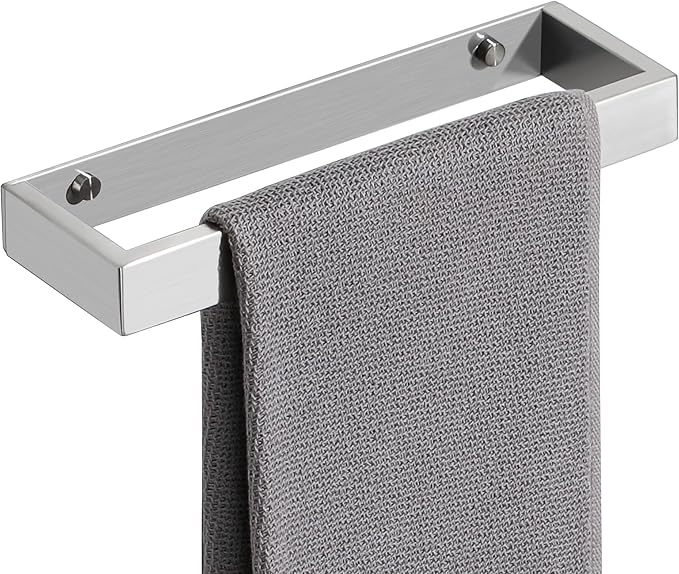Sayayo Brushed Nickel Towel Bar for Bathroom Wall, 10 Inch Hand Towel Holder, Screw or Self Adhesive Towel Ring Square SUS304 Stainless Steel, 3.2 Inch Wider Design