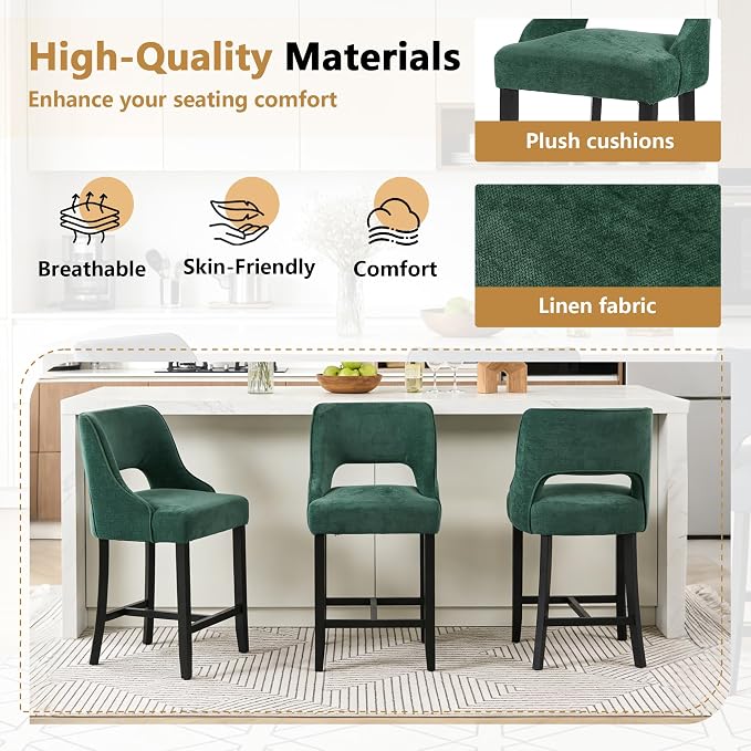 ClinQ Bar Stools Set of 3, 26" H Counter Height Bar Stools with Backs, Modern Upholstered Accent Barstools with H-Shaped Footrest for Kitchen Island, Dining Room and Bar, Green-Black Legs