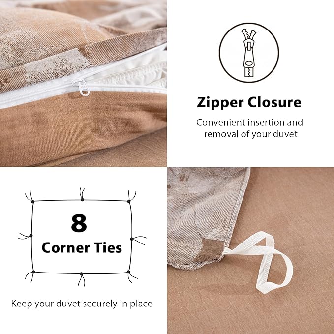 Brown Floral 100% Cotton Duvet Cover Queen Size, Soft Breathable Bedding Set for All Seasons- 1 Patterned Duvet Cover 90x90 Inches with Zipper Closure, 2 Pillowcases