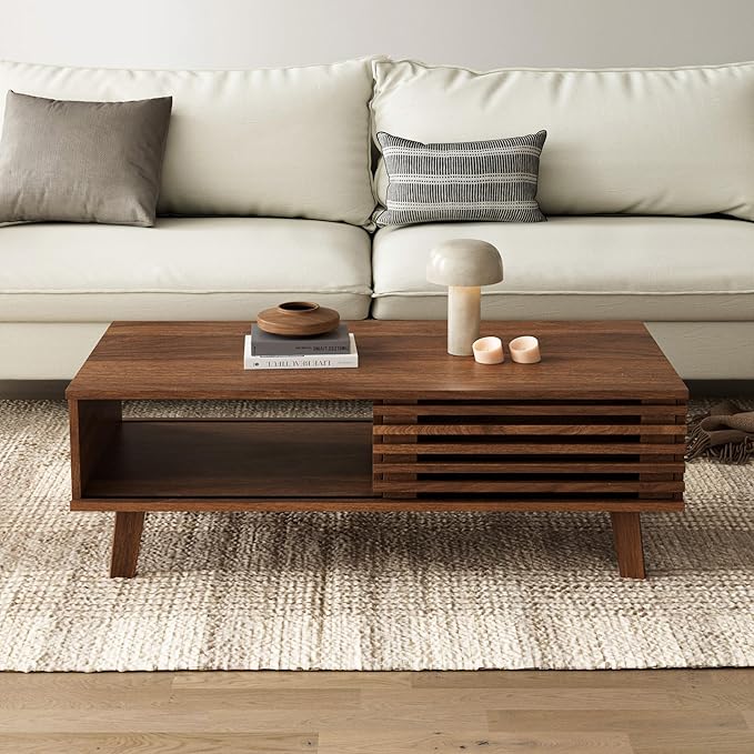 Mid Century Modern Coffee Table, Wood Coffee Table with Storage, Farmhouse Table for Living Room, Apartment, Walnut
