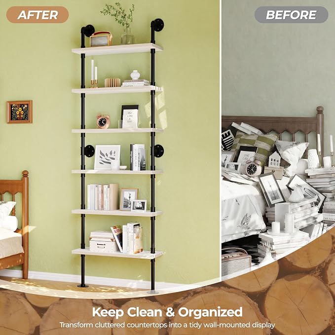 Pipe Shelves, Wall Mounted Wood Metal Industrial Shelves, Ladder Bookshelf for Living Room (White, 10" D x 30" W x 82.5" H)