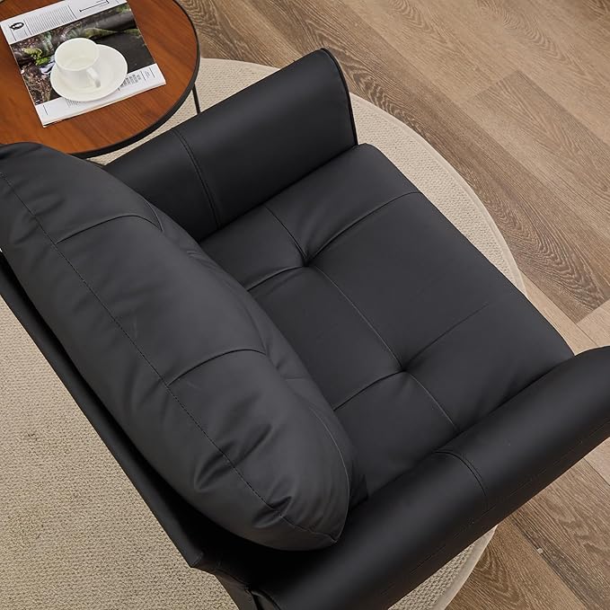 TYBOATLE Accent Chair Comfy Modern Living Room Chair Black Leather Reading Accent Chairs Tufted Mid Century Moden Arm Chair Small Salon Chair for Office Bedroom (1, Black)
