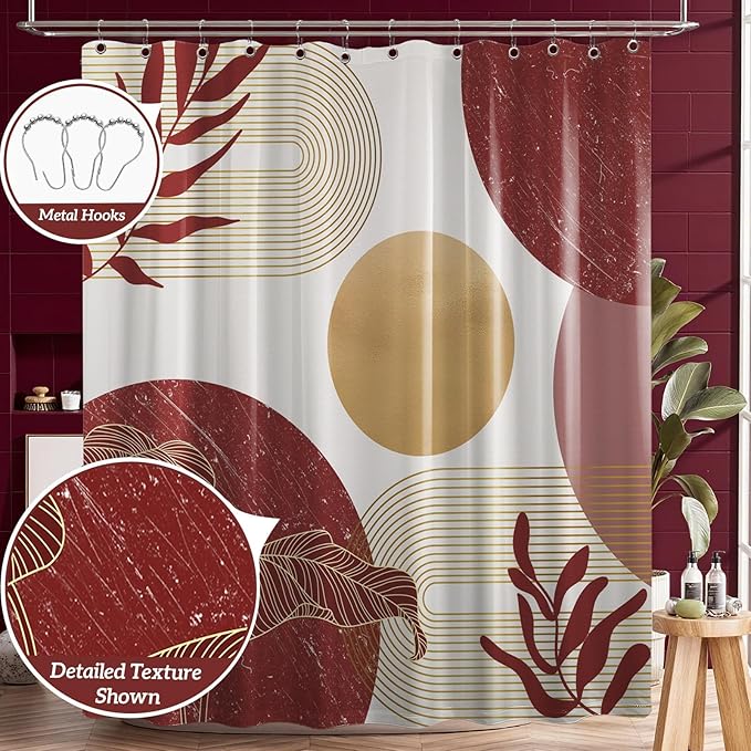 Red and Gold Shower Curtain Burgundy Dark Red and White Shower Curtains for Bathroom Decor Abstract MCM Bath Curtain Set, Waterproof Fabric with Hooks 70 x 72 Inch