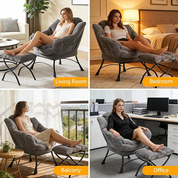 Lazy Chair with Ottoman, Oversized Comfy Accent Chair, 400LBS Heavy Duty Metal Frame, Thick Cushion Corduroy Lounge Chair for Living Room Bedroom Reading, Dark Gray