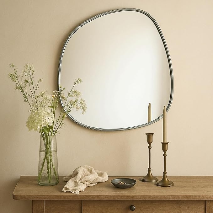 TEHOME Asymmetrical Irregular Shaped Antiqued Silver Foil Asymmetrical Accent Mirror Irregular Bathroom Wall Mirror