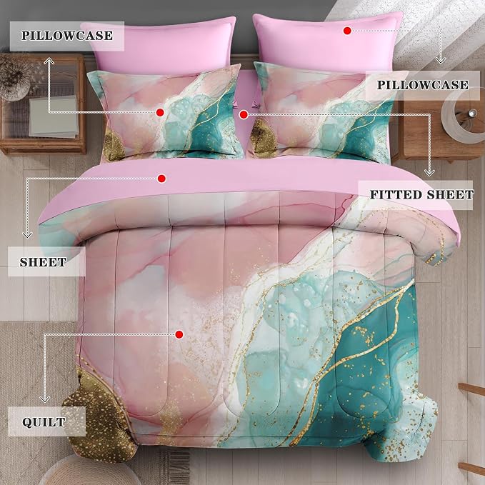 5Pcs Comforter Set Twin Size, Pink Teal Gold Marble, Bedding Decor Turquoise Rose Dye Abstract Bedroom Bed Set Flat Sheet Fitted Sheet Pillowcases Shams for Kids Adults