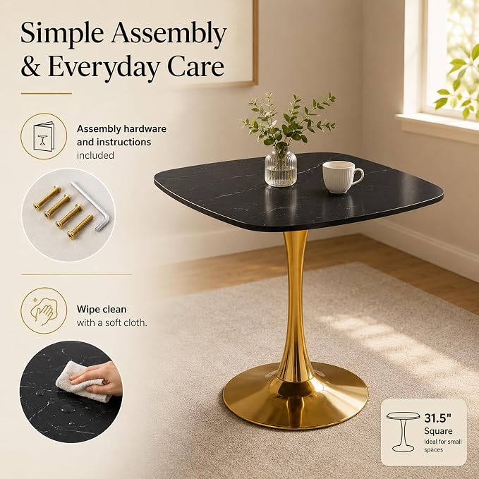 31.5" Square Dining Table for 2-4 People, Mid-Century Modern Kitchen Table with Black Marble-Look MDF Top and Gold Tulip Pedestal Base for Small Spaces, Apartment, Breakfast Nook