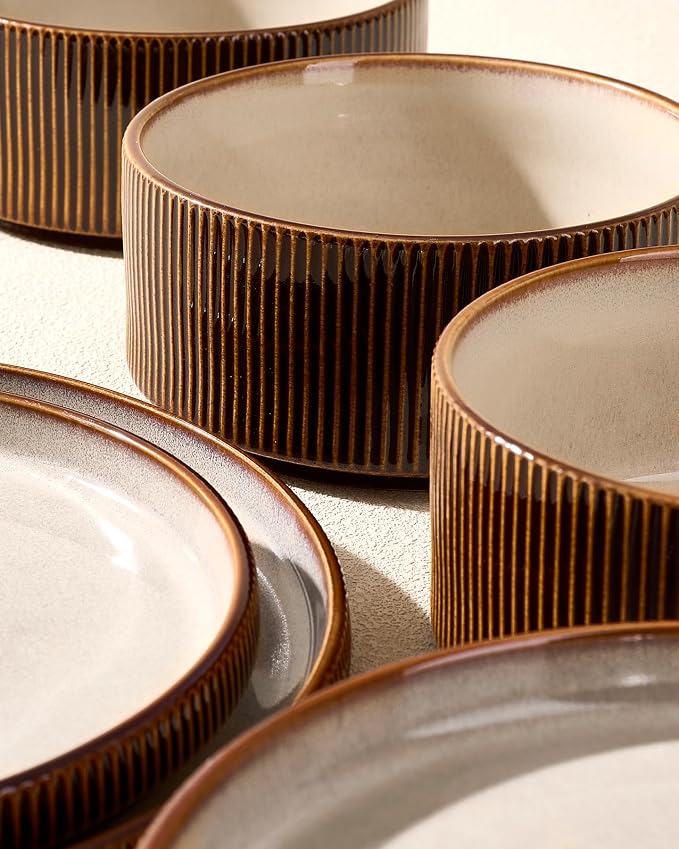 Stoneware Plates and Bowls Dishes Sets Service for 6 (18-Piece), Famiware Premium Handcrafted Reactive Glaze Dinnerware Set with Raised Rim, Scratch Resistant, Microwave Dishwasher Safe, Cream Cocoa