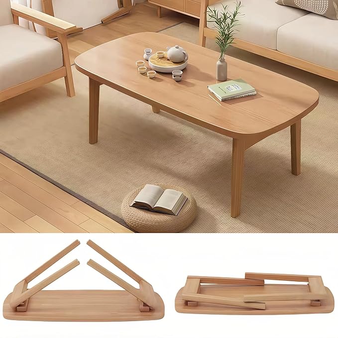 Foldable Coffee Table, Sofa Table, Coffee Tables for Living Room，Minimalist Solid Wood Side Table, Foldable Legs, Natural Wood Color.(31.5IN)