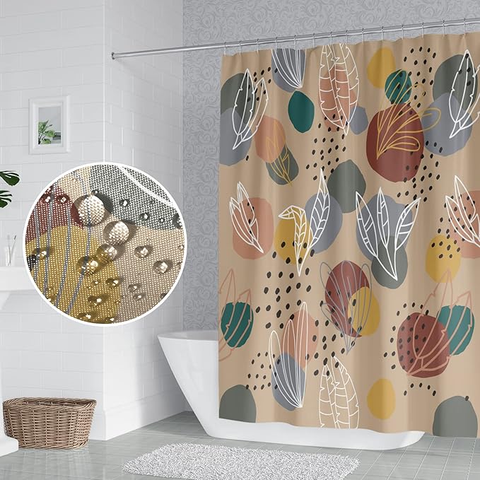 Abstract Mid Century Boho Leaves Colorful Geometric Pattern Shower Curtain Washable Polyester Durable Fabric Aesthetics Bath Shower Curtain with Hooks, 60x72 Inch