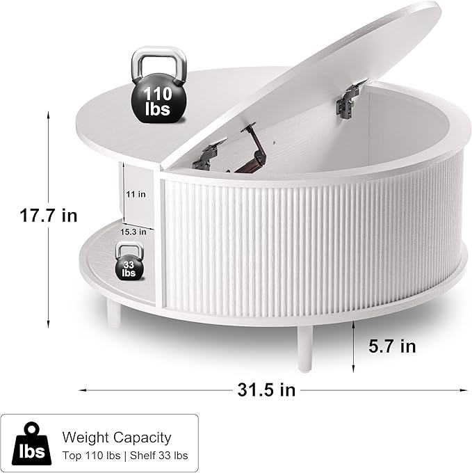 Round Coffee Table, 31.5" Fluted Center Table with Storage, Lift-Top Coffee Table with Adjustable Footpads, Sliding Door, Mid-Century Modern Center Table for Living Room, Small Space (Pure White)