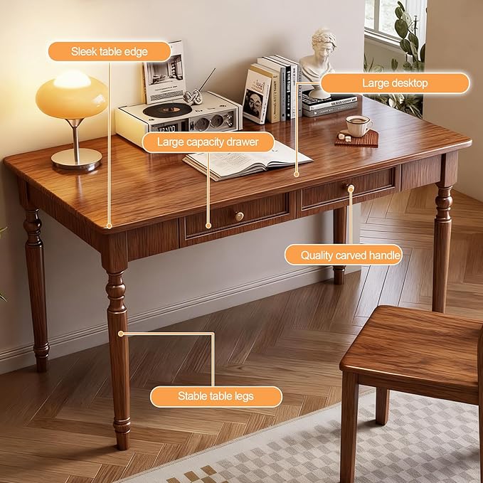 Solid Wood French Country Desk,Writing Desk with Storage Drawers,Farmhouse Computer Table Makeup Table Modern Simple Style,for Home Office Living Room Study Workspace Bedroom (Walnut, 47.2IN)