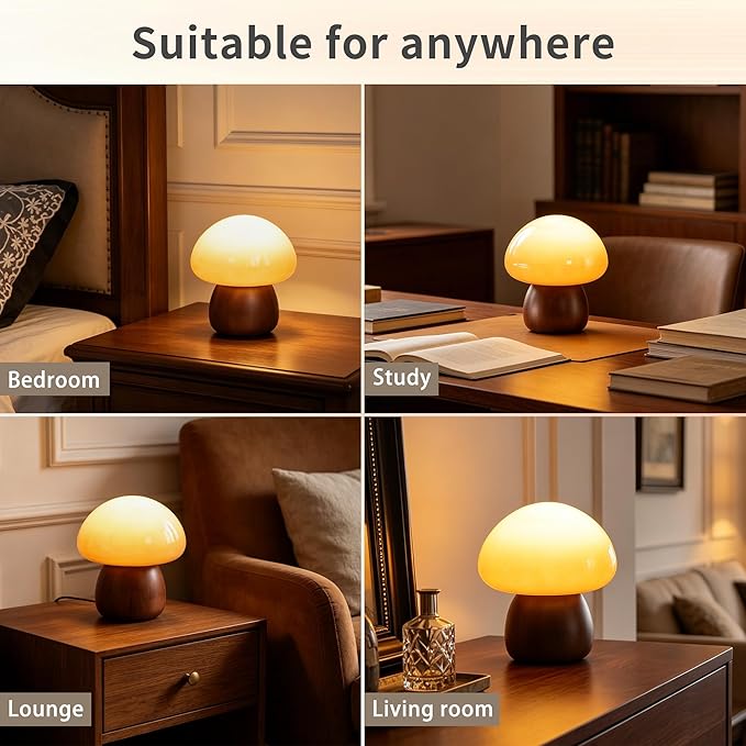 Wooden Base Small Table Lamp for Bedroom 60W Mushroom Table Lamps Gradient Colored Glass Shade Modern Side Table and Desk Lighting H 8.07 in (The Light Bulb is Included)