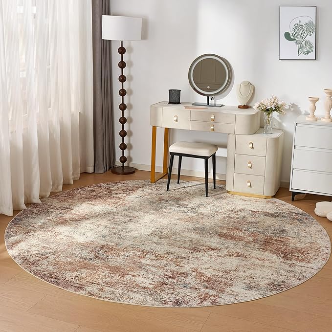 WITSHOCK 8ft Round Area Rug for Living Room: 8x8 Washable Neutral Modern Abstract Soft Thin Rug Indoor Floor No Slip Rug Carpet for Bedroom Under Dining Table Home Office Decor (Rust Color)