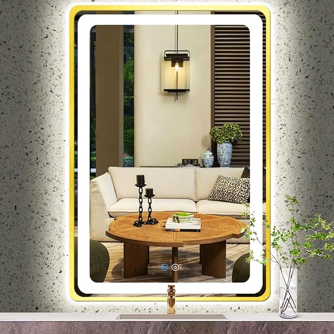 24 x 40 Inch Gold Vanity Mirror with Lights Smart Memory 3 Color Dimmable AntiFog 40 Gold Frame Lighted mirror for Bathroom Salon Horizontal/Vertical Wall Mounted LED Makeup Mirror with Light