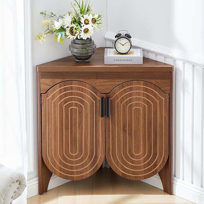 Small Corner Storage Cabinet, Mid Century Modern Floor Corner Cabinet with Curved Doors and Adjustable Shelves，Freestanding Narrow Storage Organizer for Bathroom, Living Room, Entryway(Walnut)