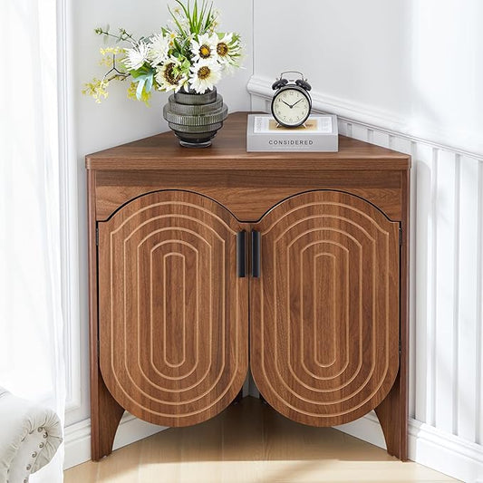 Small Corner Storage Cabinet, Mid Century Modern Floor Corner Cabinet with Curved Doors and Adjustable Shelves，Freestanding Narrow Storage Organizer for Bathroom, Living Room, Entryway(Walnut)