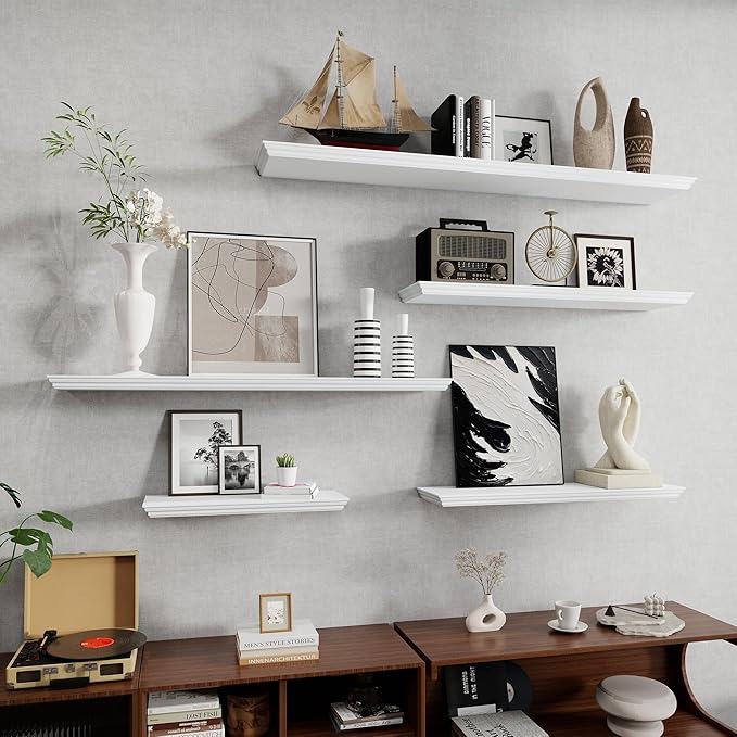 Fun Memories Floating Shelves 32 Inch Long, 9.3 Inch Deep Classic Crown Molding Floating Shelves for Wall, Rustic Wooden Shelves for Wall Decor Bathroom, Kitchen, Office, (White, 2Pack)