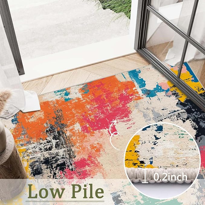 9x12 Colorful Area Rug Modern Abstract Beige Orange Yellow Pink Blue Black White Grey Rug Bedroom Low Pile Thin Large Carpet Living Room Non Slip Dining Room Stain Resistant Office Washable Machine