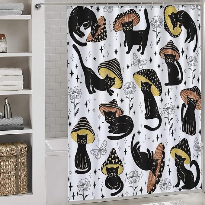 Cat Shower Curtain,Retro Funny Mushroom Star Floral Gothic Print Bathroom Curtain Polyester Waterproof Fabric Decor 66x72in（168x183cm）