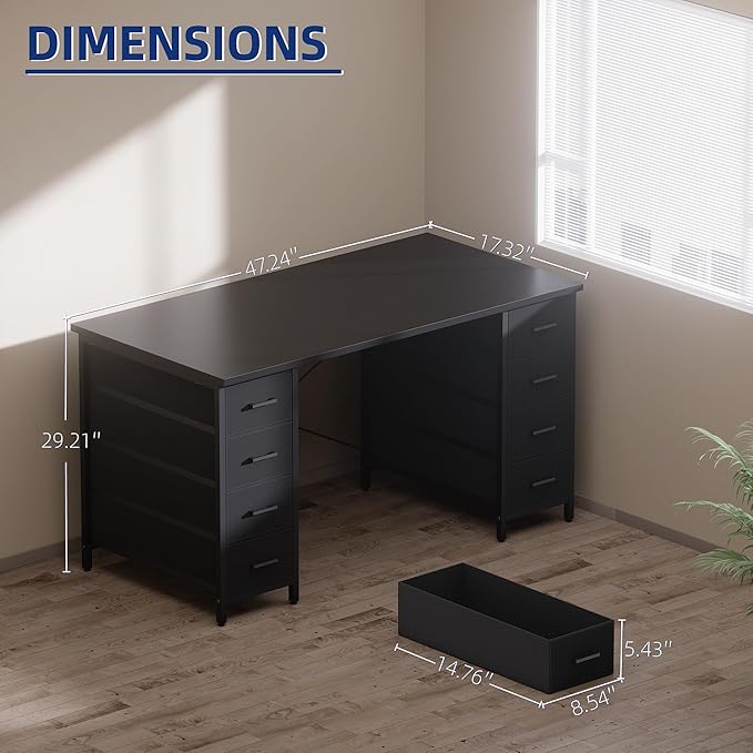 Pamray 47 Inch Computer Desk with 8 Fabric Drawers PC Gaming Desk Home Office Study Work Writing Table for Bedroom White