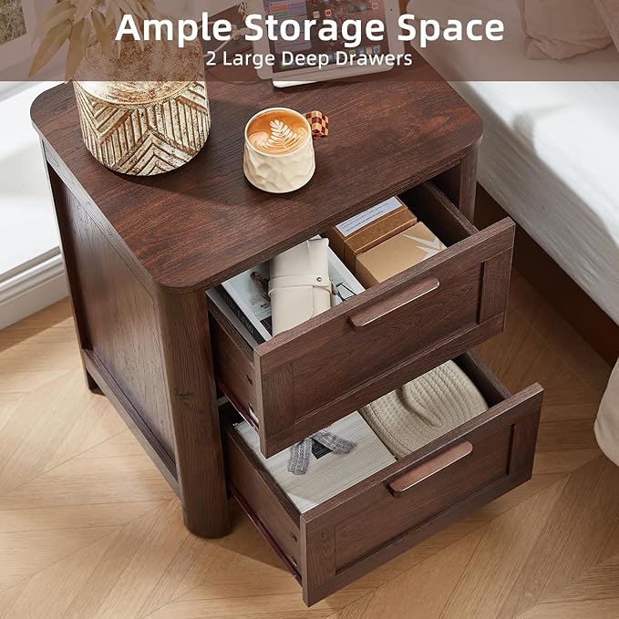 Farmhouse Nightstand Set of 2 with Charging Station, End Tables Bedroom with 2 Large Drawers & 4 Thickened Table Legs, Walnut
