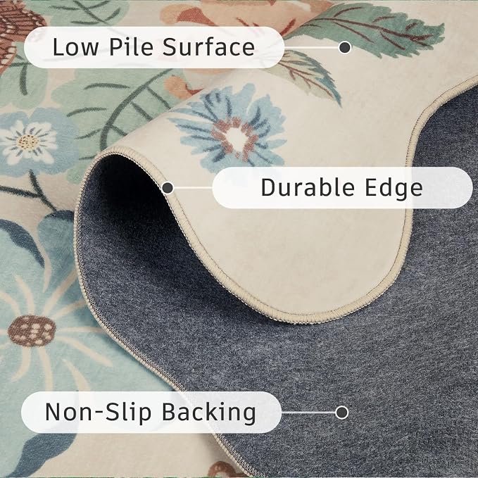 DCX Beige Floral Rug 2x6, Washable Beige Rug for Living Room, Kid & Pet Friendly with Rubber Back Non Slip, Soft Low Pile Carpet, Stain Resistant Rug for Bedroom, Nursery, Dining Room