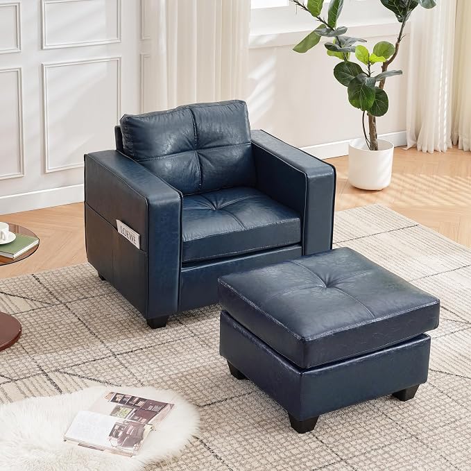 TYBOATLE Oversized Accent Chair with Ottoman, Wide Chaise Lounge Chair Indoor, Mid Century Modern Blue Armchair with Pockets, Leather Comfy Chairs for Bedroom, Living Room, Office