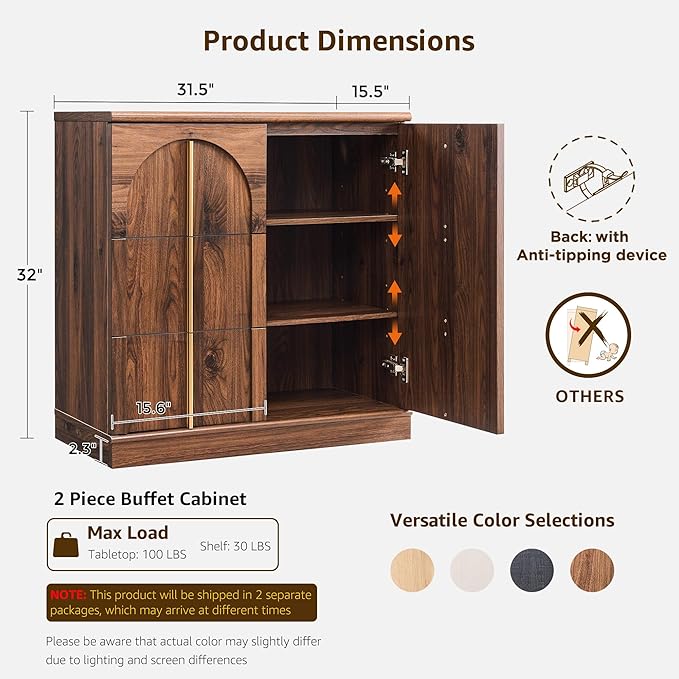 ACCOHOHO Buffet Cabinet with Storage & Arched Doors, 31.5 Inch Wood Sideboard W/Adjustable Shelf, Modern Coffee Bar Tables Accent Cabinets for Living Room,Kitchen or Entryway (Brown, 2 Piece)