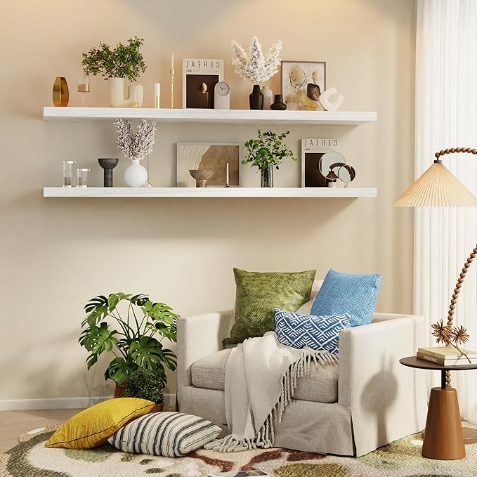 IEO Long Wooden Floating Shelves for Room Wall, Natural Wood Floating Shelves Wall Mounted Kitchen Shelf for Living Room, Bedroom, Kitchen,Bathroom, Storage (White, 48in 2tier)