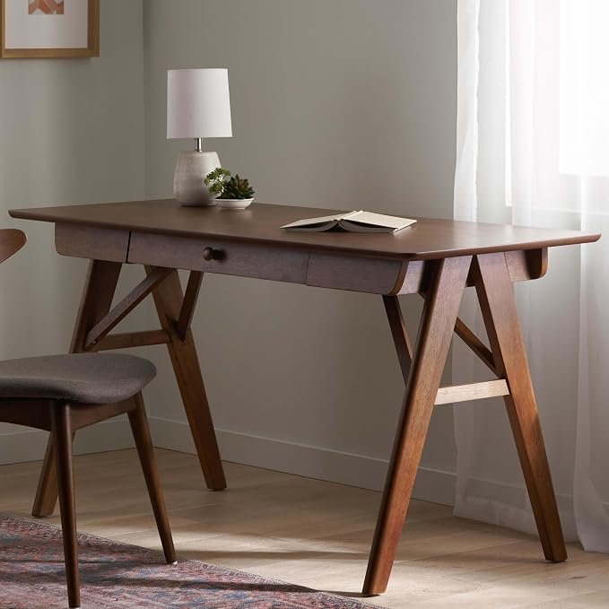 Wood Writing Desk with Drawers, Mid Century Desk with Solid Legs, Small Writing Desk for Small Spaces Bedroom Living Room, Easy Assembly (Walnut B)