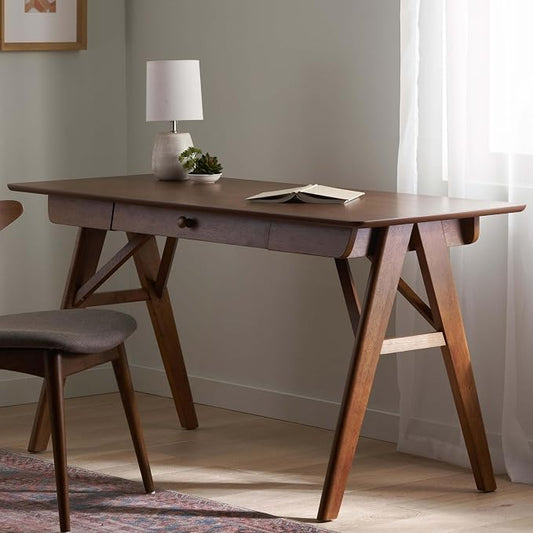 Wood Writing Desk with Drawers, Mid Century Desk with Solid Legs, Small Writing Desk for Small Spaces Bedroom Living Room, Easy Assembly (Walnut B)