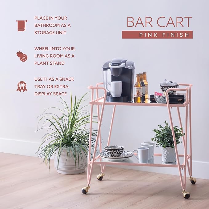 Gina Pink Mid-Century Bar Cart with Mirrored Shelves and Locking Wheels by Linon