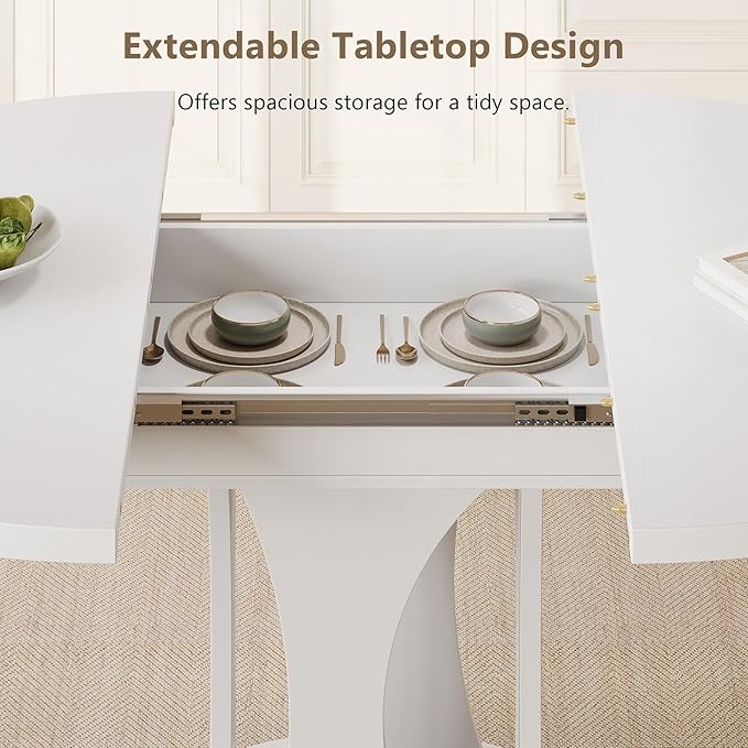 Einhomn 59" Extendable Round Dining Table for 6-8, Kitchen Table with Sturdy Double Arc Base & Backboard Clasp Desktop, Mid-Century Modern Dinner Table, Kitchen Dining Room, Space Saving, White