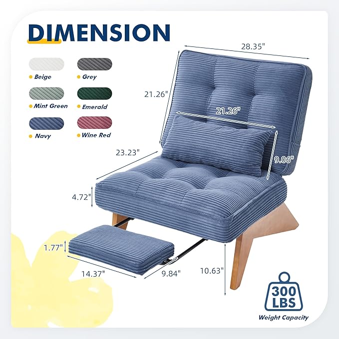 Accent Chair with Ottoman Adjustable Backrest, Stripe Living Room Chair Indoor Lounge Chair with Build-in Footrest Set, Modern Chair Cozy Reclining Chair for Reading Room, Navy