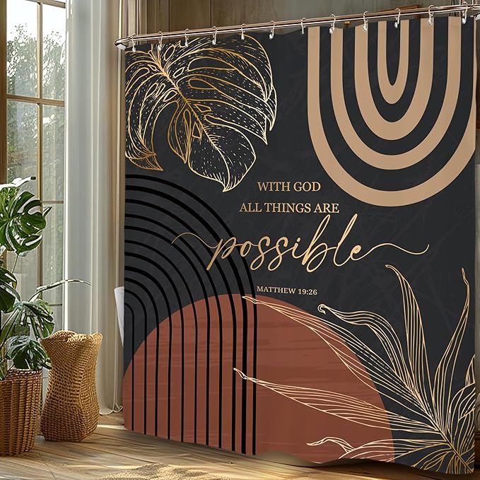 Miyotaa Modern Abstract Shower Curtain Set 60Wx71H Inches Black Burnt Orange Minimalist Aesthetic Contemporary Quotes Inspirational Plant Polyester Waterproof Bathroom Curtain with 12 Hooks