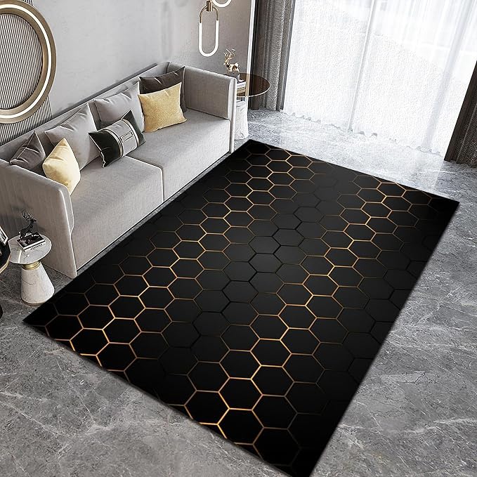 5x7 Area Rug Honeycomb Black Gold Hexagon Soft Washable Carpet, Black and Gold Line Art Easy Clean Rugs for Boys and Girls Nursery Bed Living Room Carpets Nursery Decor Rugs
