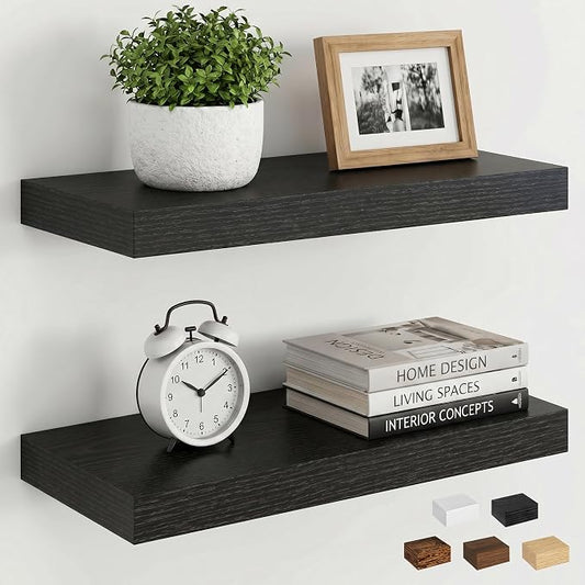 Dreamland Black Floating Shelves, Wall Mounted Shelves for Storage and Home Decor, Rustic Wood Shelves for Bathroom, Living Room, Bedroom and Kitchen, 16" x 6.7" Set of 2