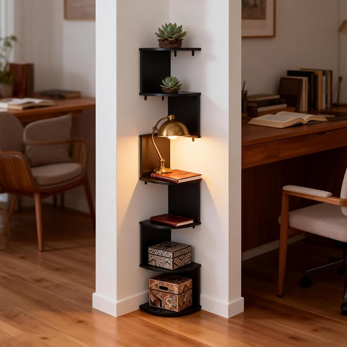 No-Drill Corner Shelf Wall Mount, 7-Tier Floating Corner Bookshelf with Hooks, Space-Saving Zigzag Plant Shelf for Bedroom, Living Room, Bathroom, Home Office（Black）