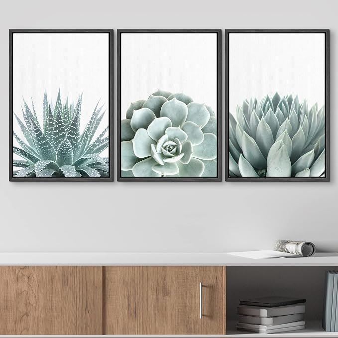 wall26 Framed Wall Art Print Set Green Succulent and Cactus Variety Wilderness Nature Illustrations Modern Art Rustic Closeup Colorful for Living Room, Bedroom, Office Natural - 24"x36"x3 Black