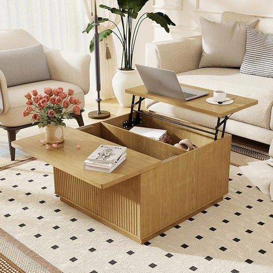 Lift Top Coffee Table with Storage,Fluted Square Center Table with Large Hidden Space,31.5" Coffee Table with Lifting Top,Center Table for Living Room,Natural Oak