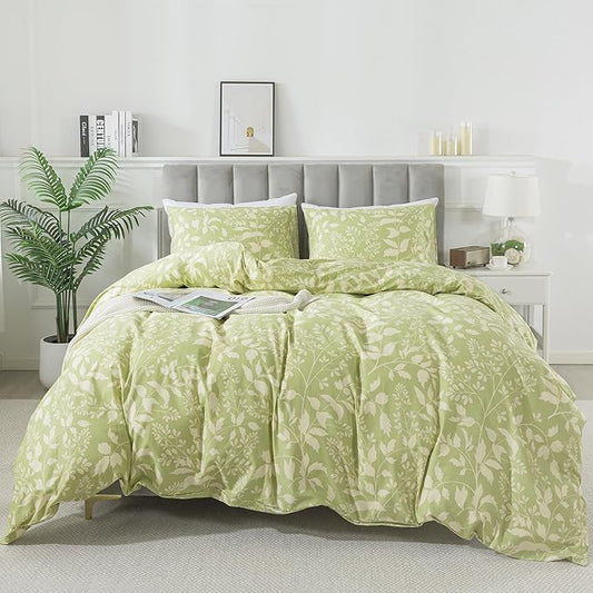 HoneiLife Wildflower Duvet Cover King - 100% Cotton Comforter Cover Sets, 3-PC Comfortable Floral Duvet Cover Sets, Soft & Breathable Duvet Cover with Zipper Closure & Corner Ties, Vibrant Green